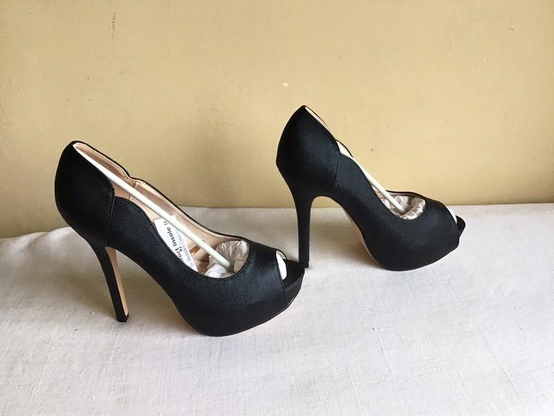 New Womens De Blossom Collection Black Slip On Open Toe Stiletto High Heel Pump