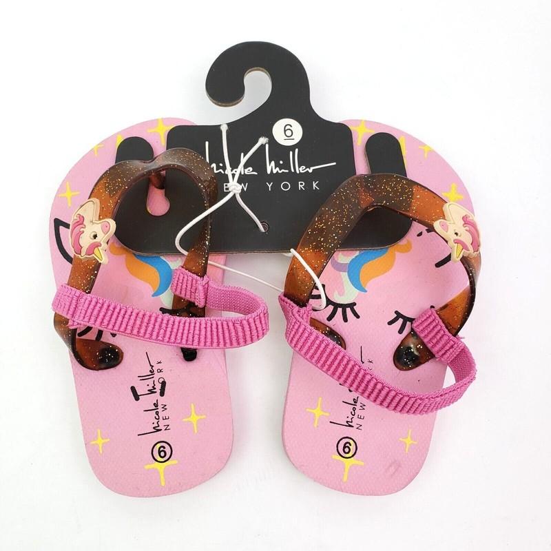 Nicole Miller New York Baby Girls Sz 6 Pink Unicorn Back Strap Flip Flop Sandals