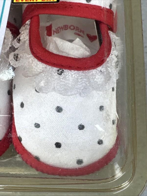 NOS Cradle Kicks Baby Shoes SlipOn Red White Black Polka Dots Lace Trim Newborn