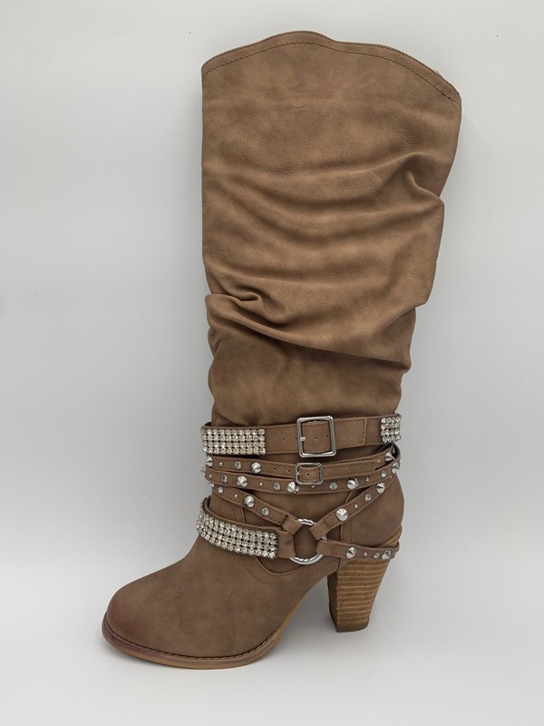 NOT RATED SWAG CHELSEA WOMENS BOOTS CALF HEIGHT NUDE SLOUCH STUDDED 3.5" HEEL