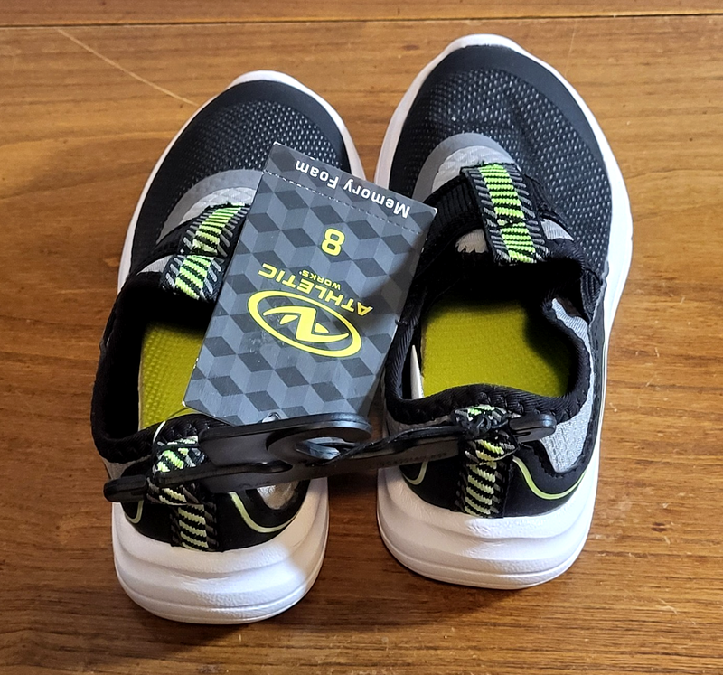 NWT Athletic Works Tennis Shoes Boy Size 8 Easy On Off Black Memory Foam