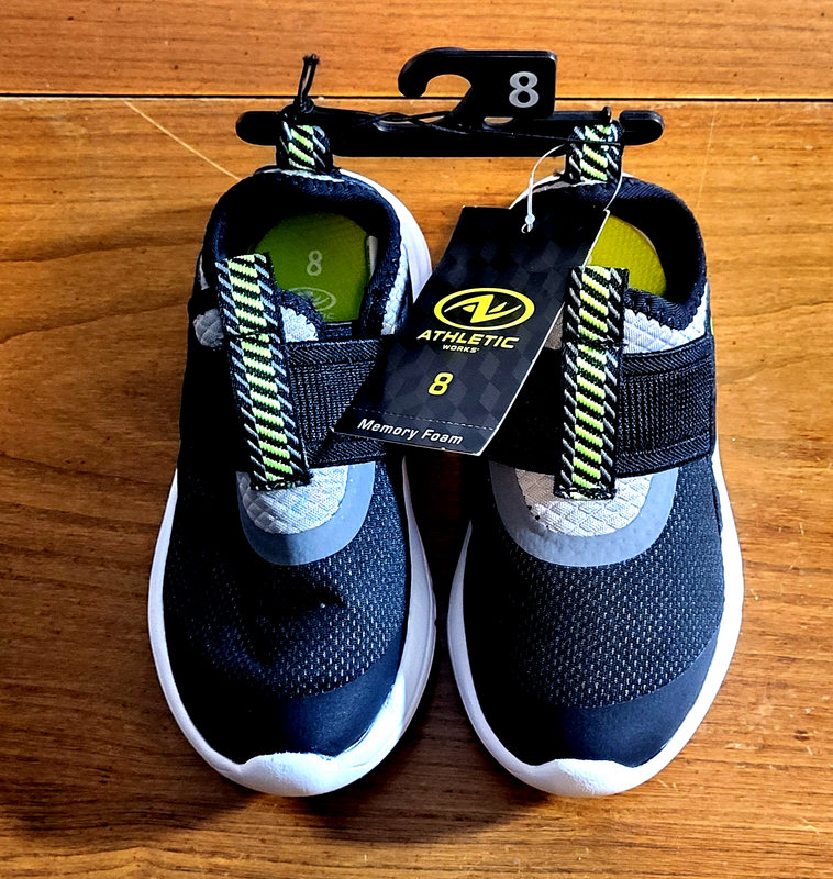 NWT Athletic Works Tennis Shoes Boy Size 8 Easy On Off Black Memory Foam