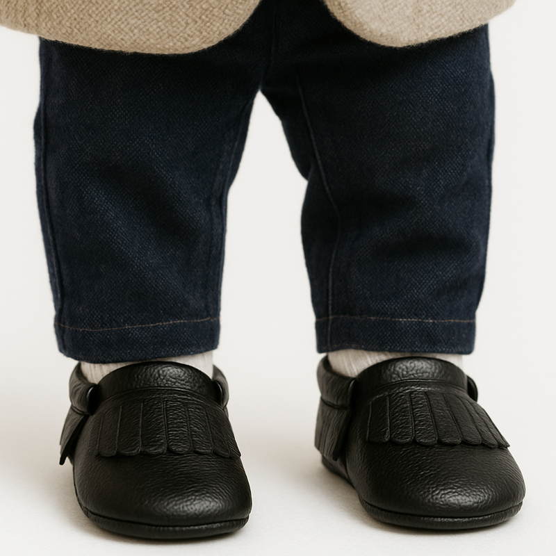 NWT Genuine Leather Baby Moccasins – Classic Black Fringe - 18-24 Months