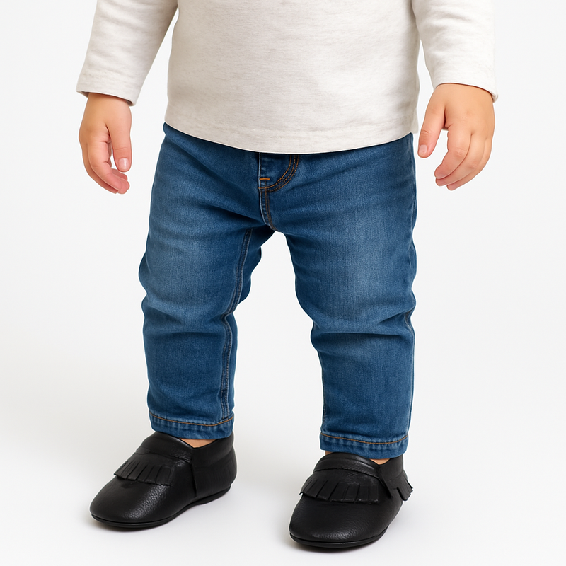 NWT Genuine Leather Baby Moccasins – Classic Black Fringe - 12-18 Months