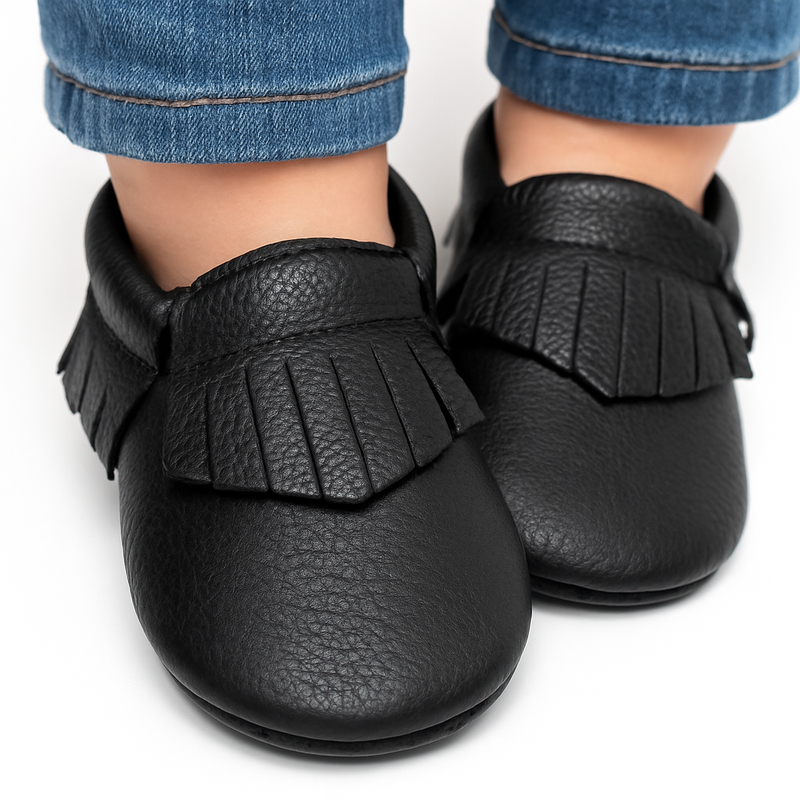 NWT Genuine Leather Baby Moccasins – Classic Black Fringe - 12-18 Months