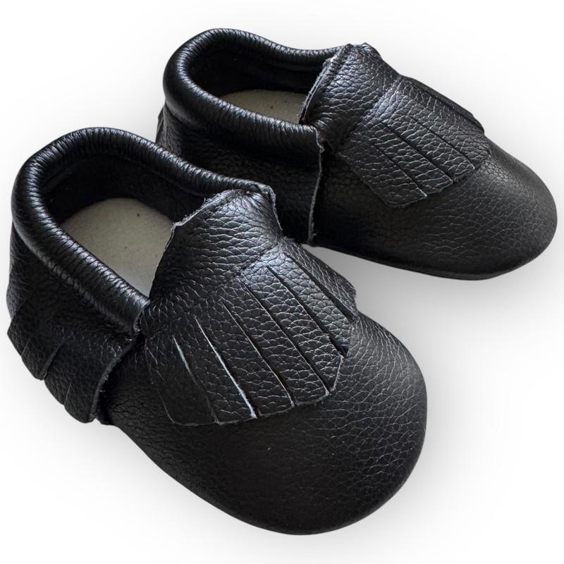 NWT Genuine Leather Baby Moccasins – Classic Black Fringe - 0-6 Months
