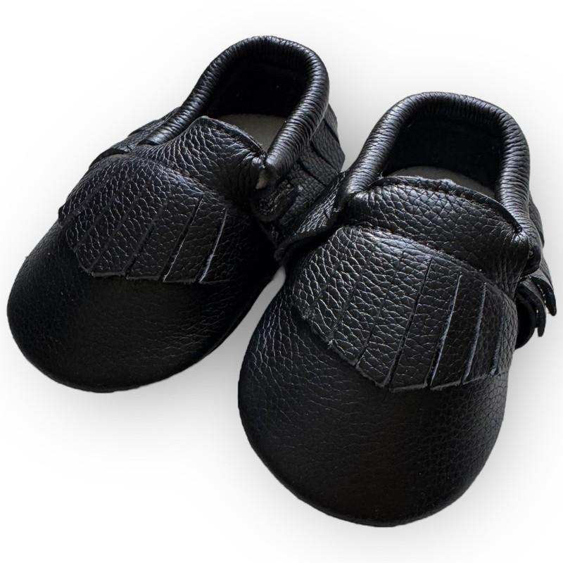 NWT Genuine Leather Baby Moccasins – Classic Black Fringe - 0-6 Months