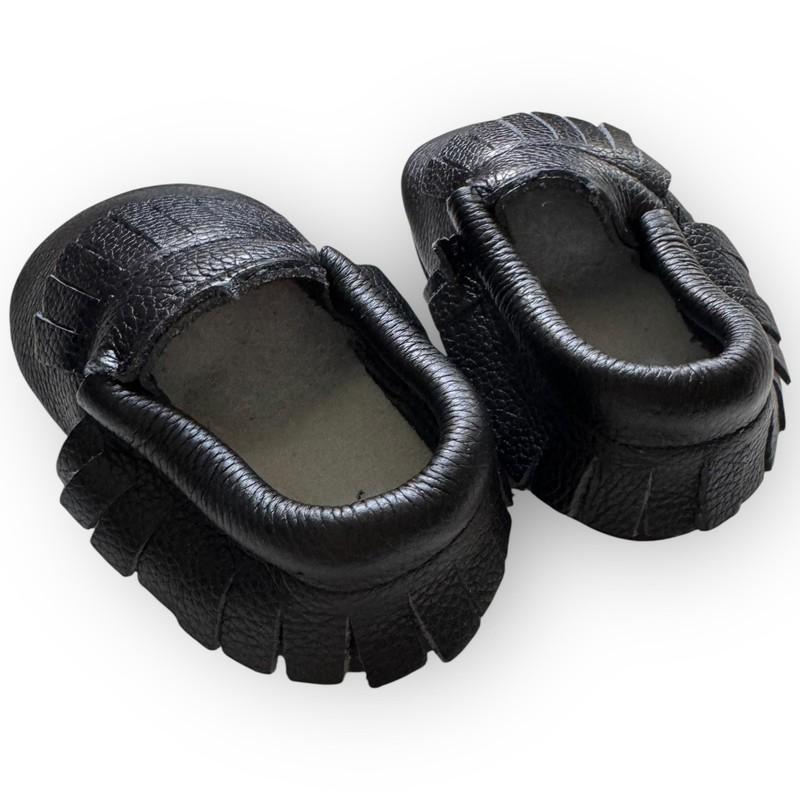 NWT Genuine Leather Baby Moccasins – Classic Black Fringe - 0-6 Months
