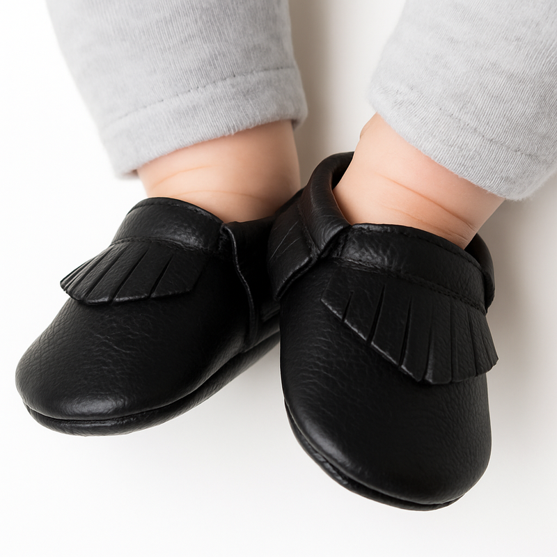 NWT Genuine Leather Baby Moccasins – Classic Black Fringe - 0-6 Months
