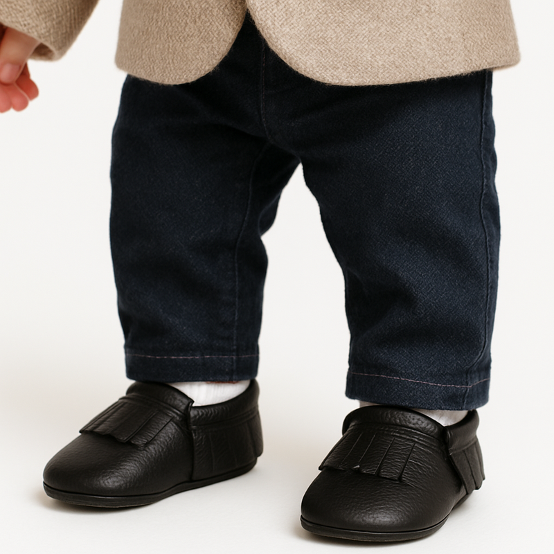 NWT Genuine Leather Baby Moccasins – Classic Black Fringe - 18-24 Months