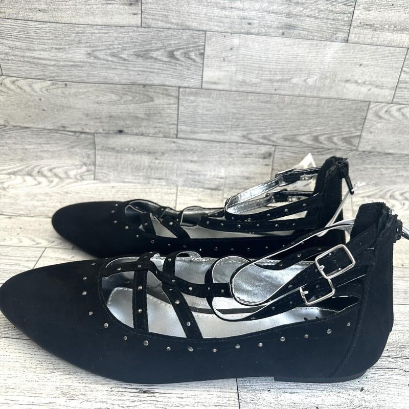 NWT Girl's Justice Size 8 Black Studded Zip Back Strappy Flats