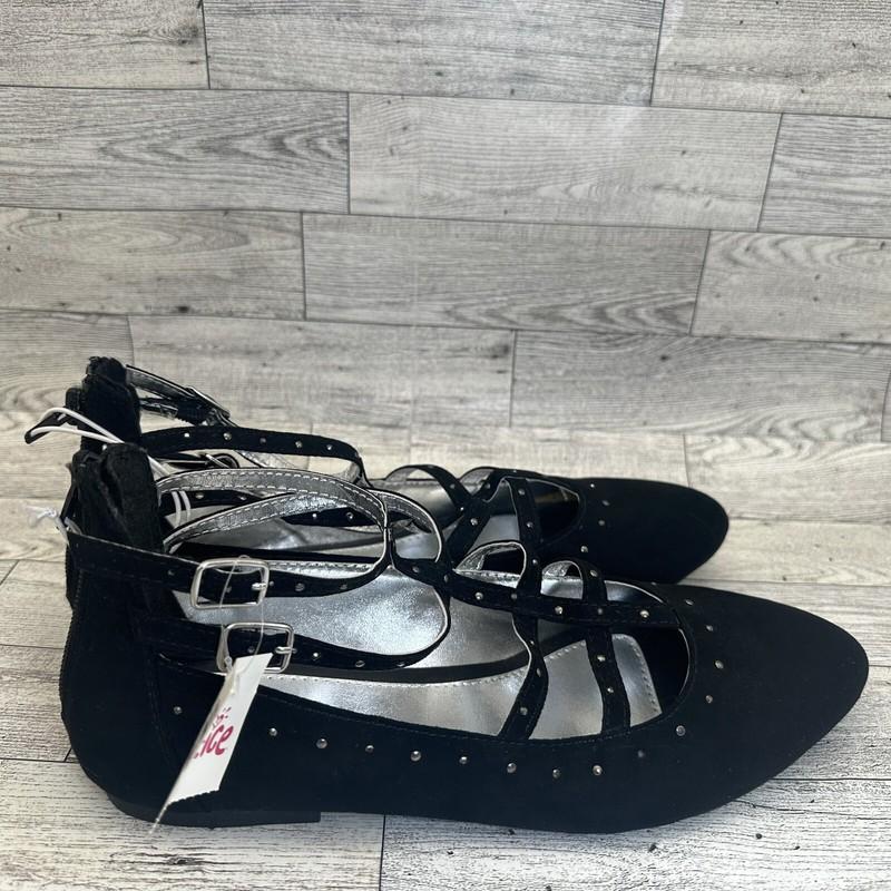 NWT Girl's Justice Size 8 Black Studded Zip Back Strappy Flats