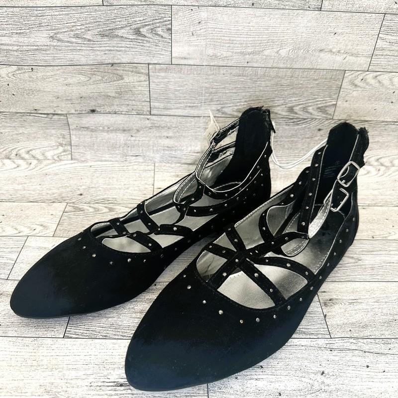 NWT Girl's Justice Size 8 Black Studded Zip Back Strappy Flats