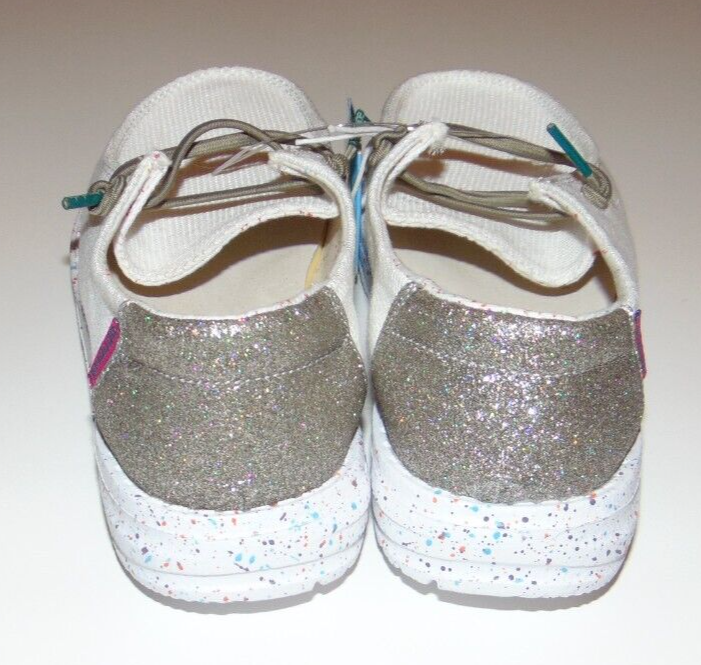 ~NWT Girls HEY DUDE Wendy Youth Disco White Sparkly Shoes Size Y2-L3 Cute FS:)~