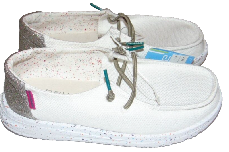 ~NWT Girls HEY DUDE Wendy Youth Disco White Sparkly Shoes Size Y2-L3 Cute FS:)~