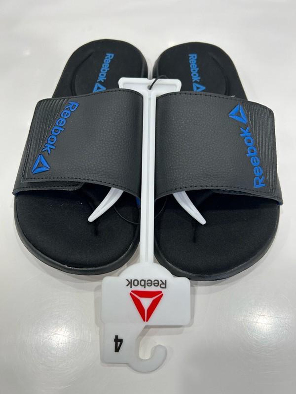 NWT Reebok Boys Black & Blue Adjustable Strap Memory Foam Slides Size 4