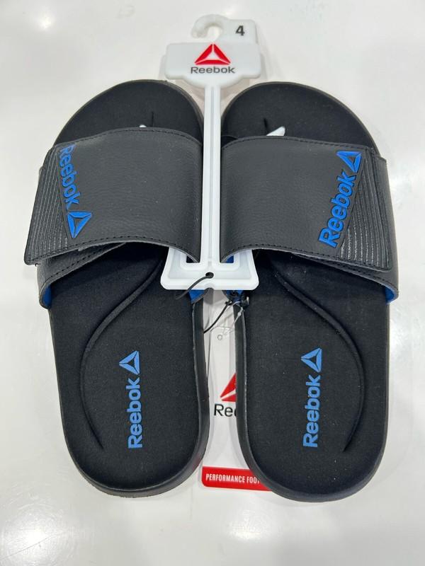NWT Reebok Boys Black & Blue Adjustable Strap Memory Foam Slides Size 4