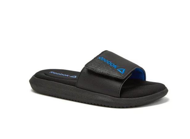 NWT Reebok Boys Black & Blue Adjustable Strap Memory Foam Slides Size 4
