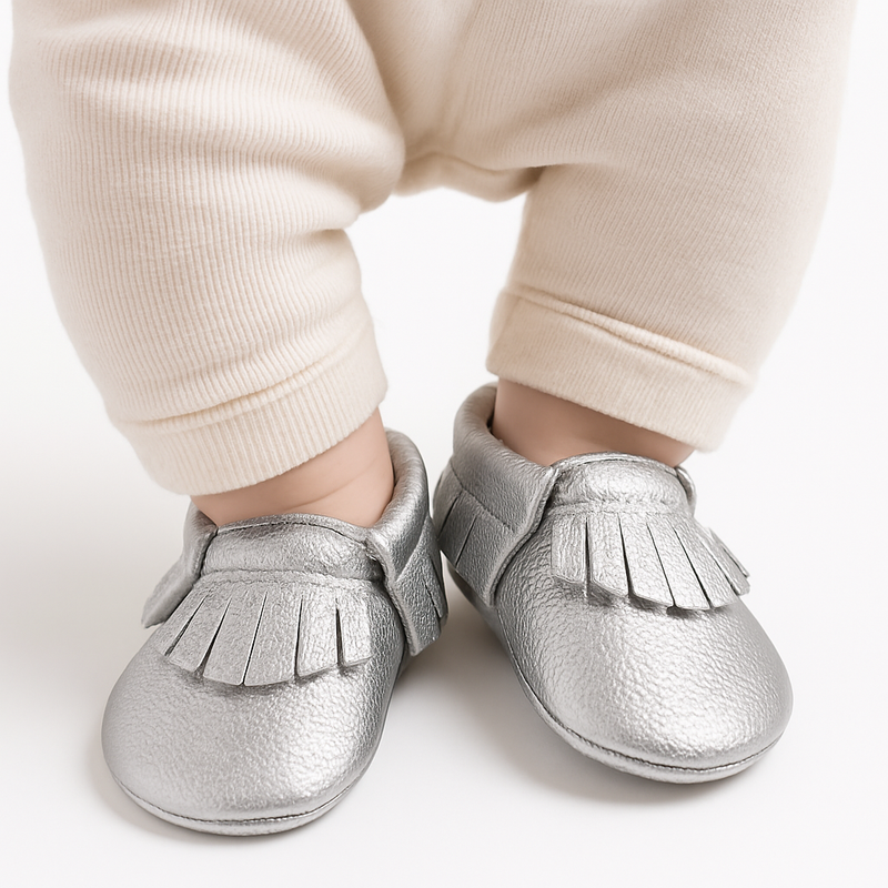 NWT Silver Genuine Leather Baby Moccasins - 0-6 Months