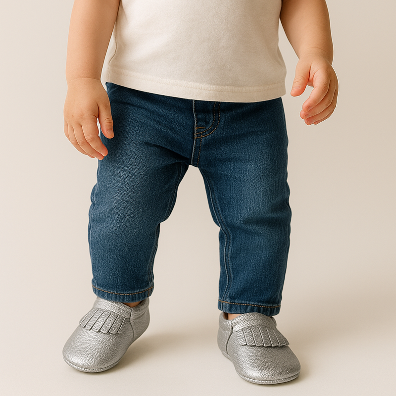 NWT Silver Genuine Leather Baby Moccasins - 12-18 Months