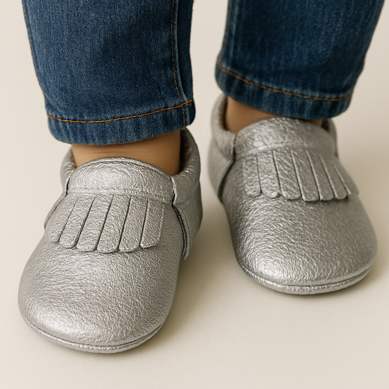NWT Silver Genuine Leather Baby Moccasins - 18-24 Months