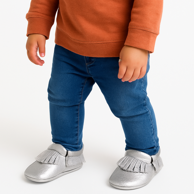 NWT Silver Genuine Leather Baby Moccasins - 24-36 Months