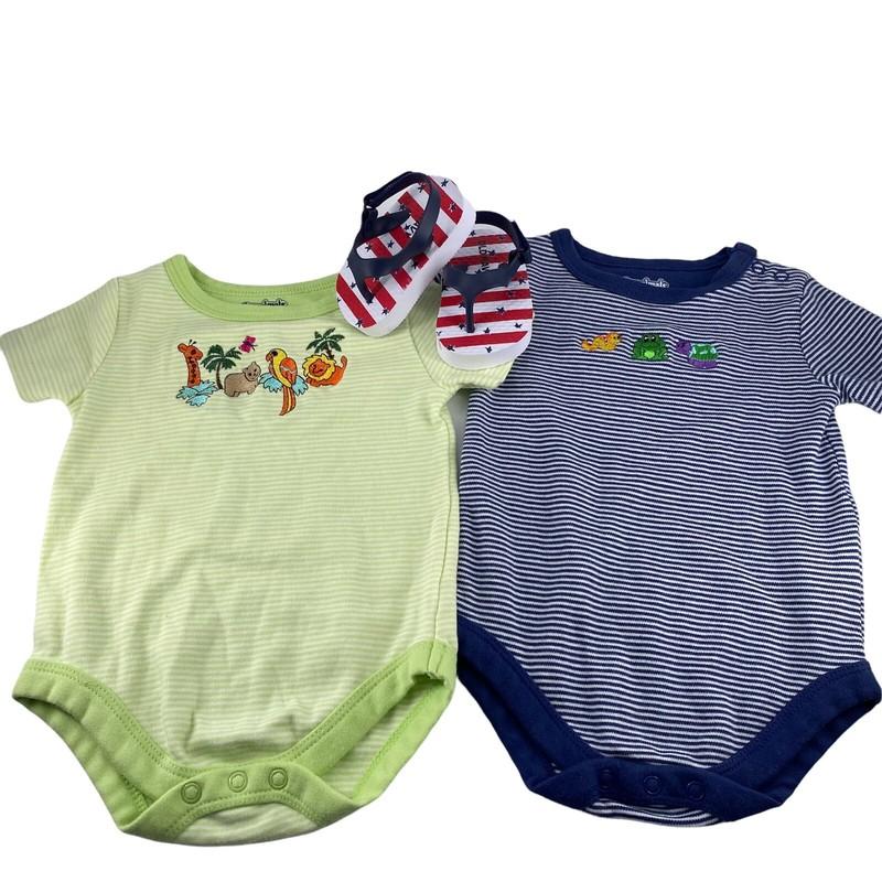 Old Navy Baby 3-6 Month Flip Flop Sandals & 2 Garanimals Bodysuit Red White Blue
