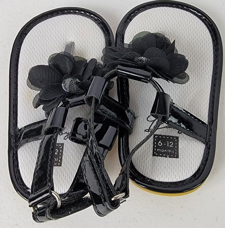 Oshkosh B'gosh Baby Sandals Black Faux Leather Flower Applique 6-12 Months