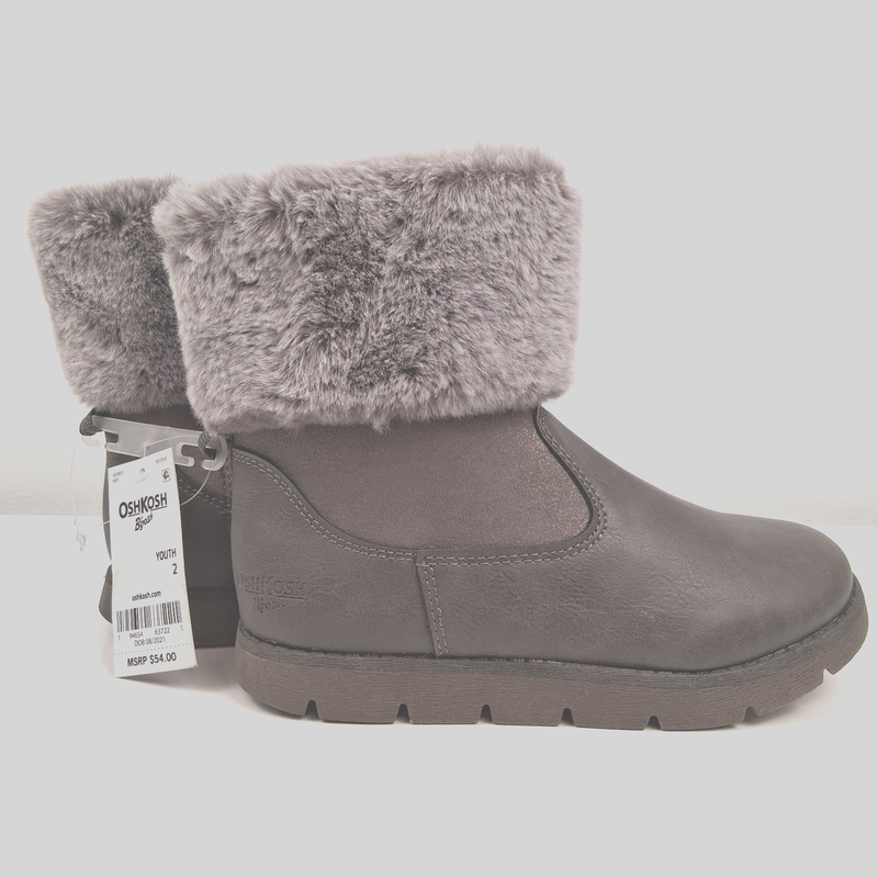 OshKosh B'gosh Youth Size 2 Boots Faux Fur Charcoal Grey Lined Retail $54 NWT