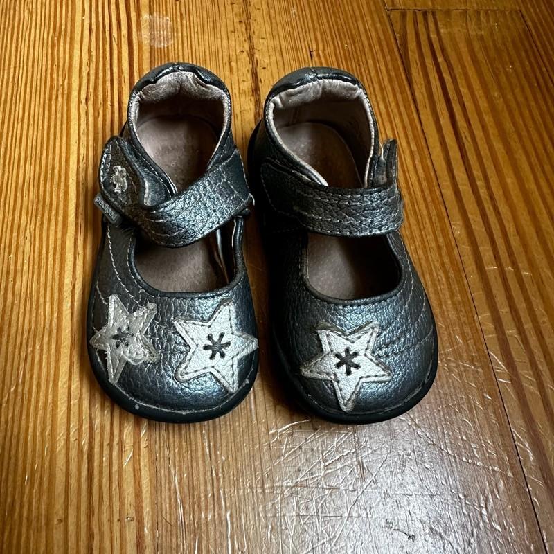 Pediped grip 'n' go leather starlite pewter gray star mary jane shoes SIZE 4/4.5