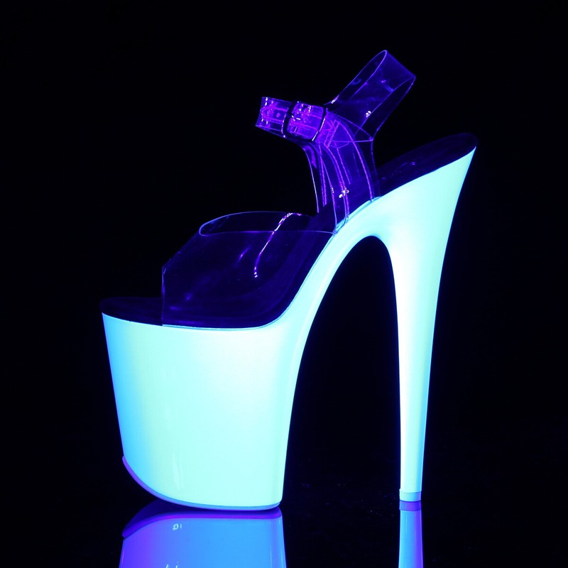 PLEASER FLAMINGO-808UV Sexy Clear/Neon White 8" Heel Platform Ankle Strap Sandal