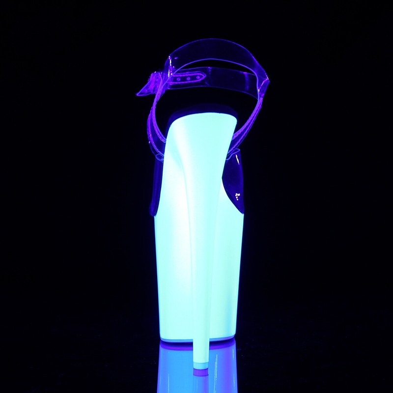 PLEASER FLAMINGO-808UV Sexy Clear/Neon White 8" Heel Platform Ankle Strap Sandal