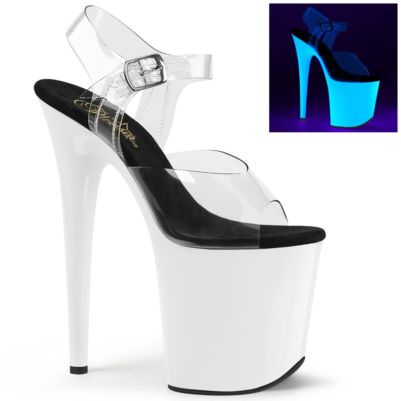 PLEASER FLAMINGO-808UV Sexy Clear/Neon White 8" Heel Platform Ankle Strap Sandal