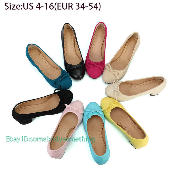 Plus Size Block Mid Heels Shoes Women's Round Toe Bow Court Pumps Comfy Slip On