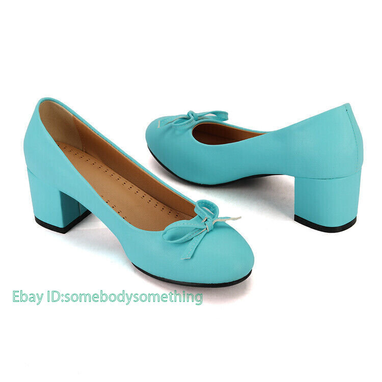 Plus Size Block Mid Heels Shoes Women's Round Toe Bow Court Pumps Comfy Slip On
