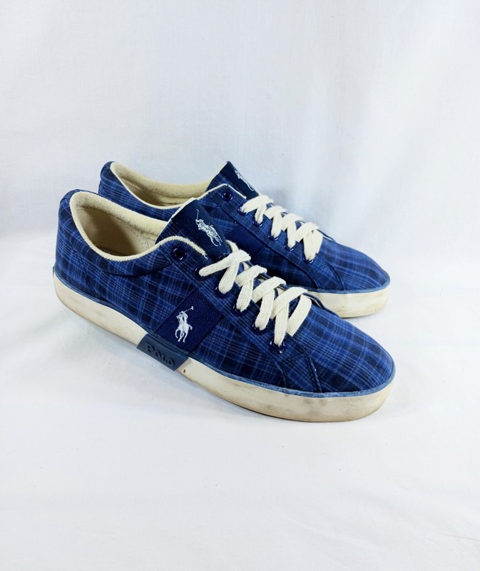 Polo Ralph Lauren Blue Plaid Lace Up Men's Sz 9.5 D Comfort Sneaker