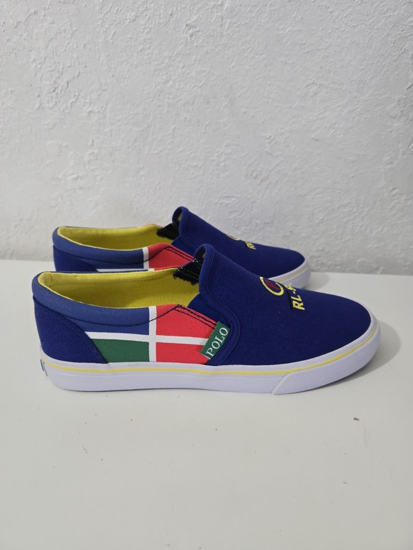Polo Ralph Lauren RL-93 Boys Blue White Slip On Canvas Shoes Big Kid Size 4