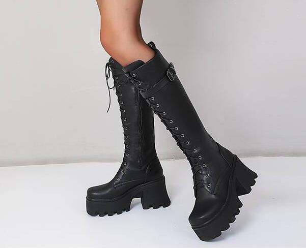 PUNK Women's Lace Up Shoes Block Heels Platform Buckle Knight Knee-High Boot