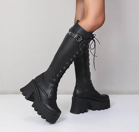 PUNK Women's Lace Up Shoes Block Heels Platform Buckle Knight Knee-High Boot