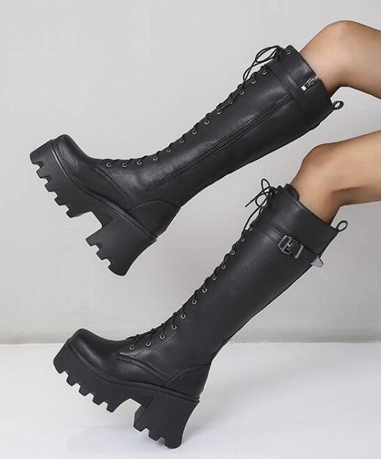 PUNK Women's Lace Up Shoes Block Heels Platform Buckle Knight Knee-High Boot