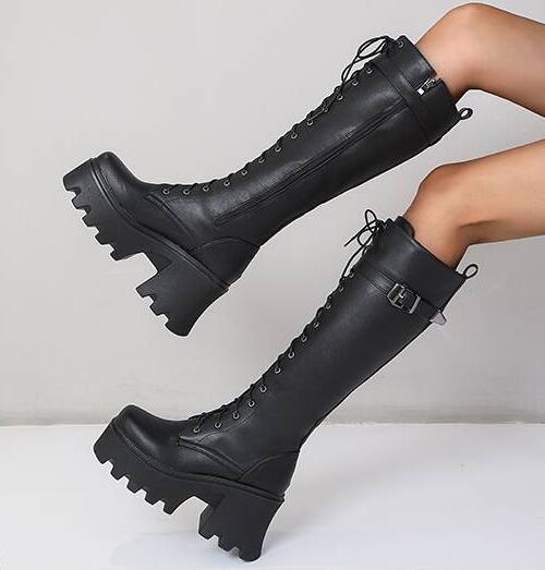 PUNK Women's Lace up Shoes Block Heels Platform Buckle Knight Knee-High Boot