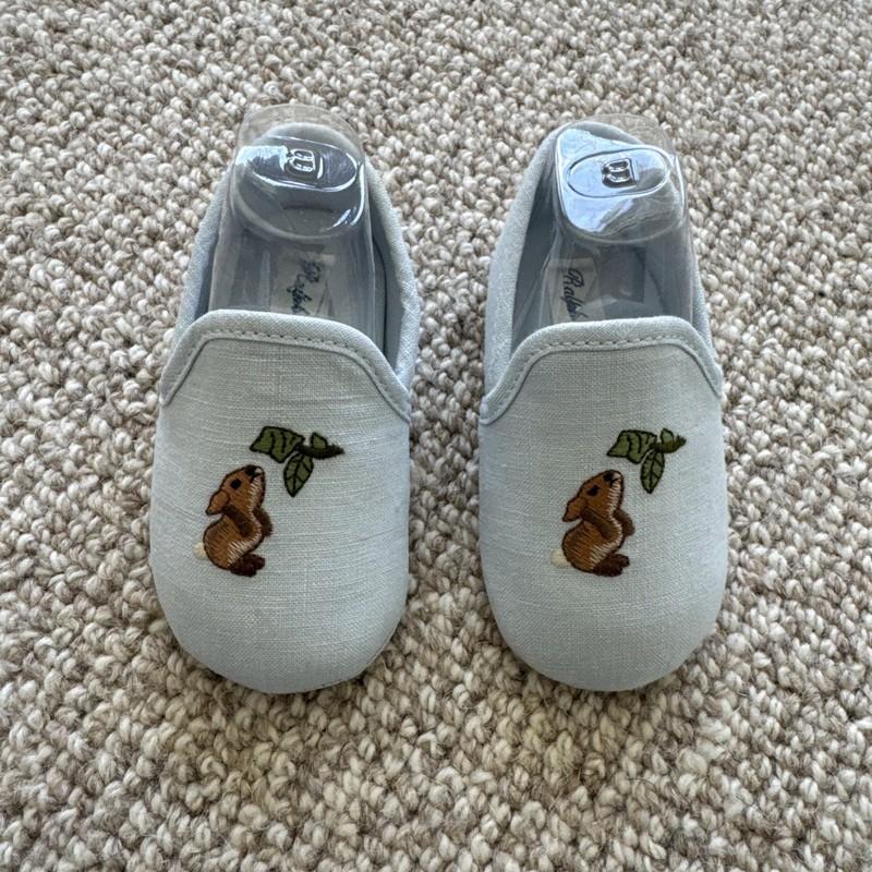 Ralph Lauren Baby Blue Linen Baptism Slipper Shoes Size 3 Baby In Box Worn Once