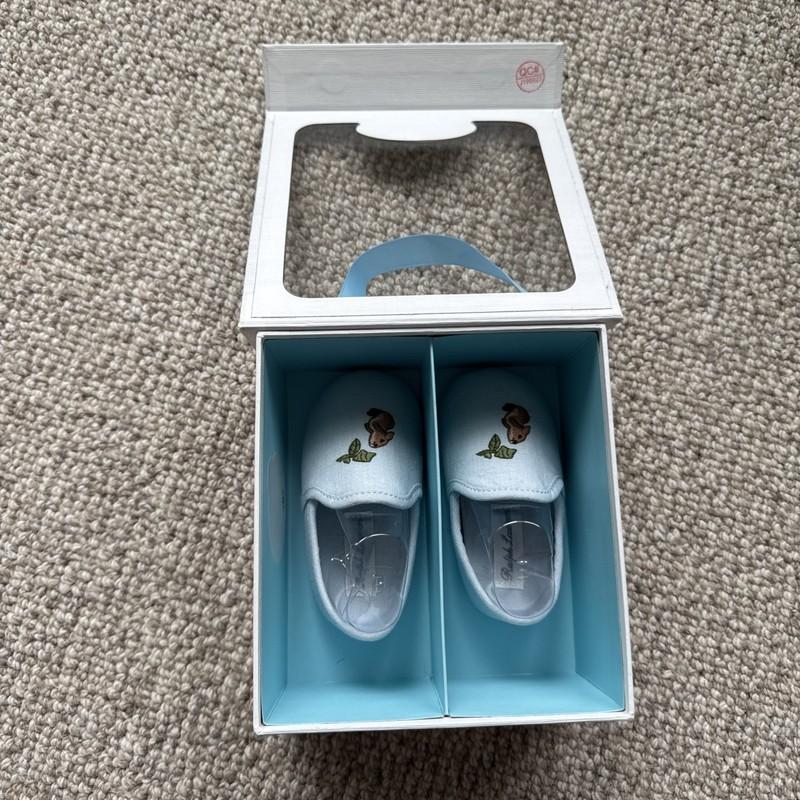 Ralph Lauren Baby Blue Linen Baptism Slipper Shoes Size 3 Baby In Box Worn Once