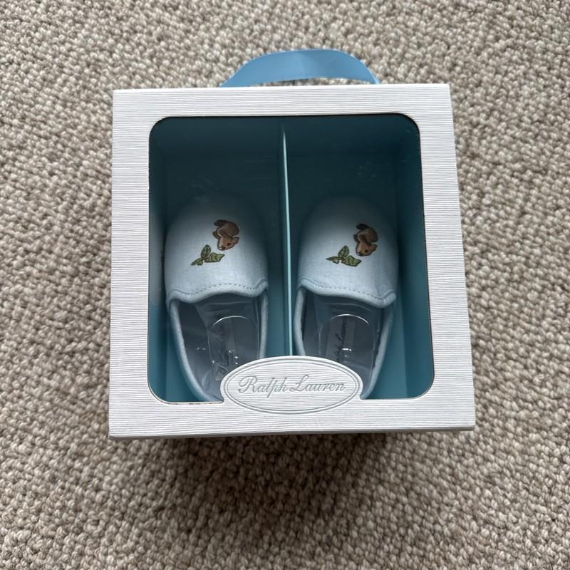 Ralph Lauren Baby Blue Linen Baptism Slipper Shoes Size 3 Baby In Box Worn Once