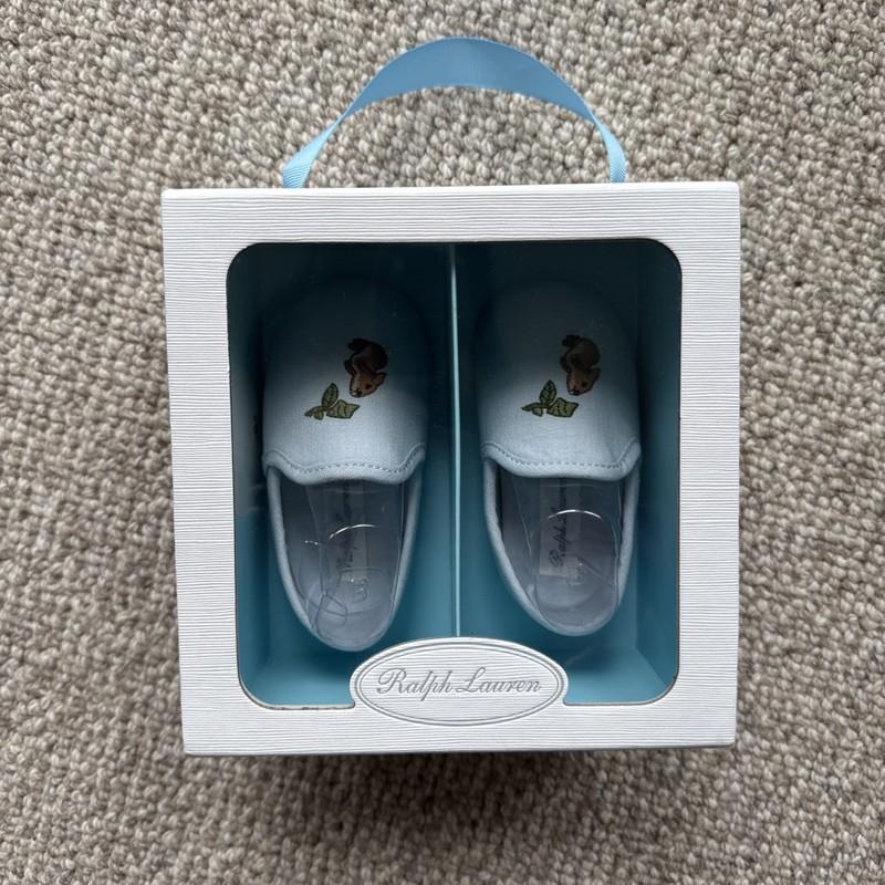 Ralph Lauren Baby Blue Linen Baptism Slipper Shoes Size 3 Baby In Box Worn Once