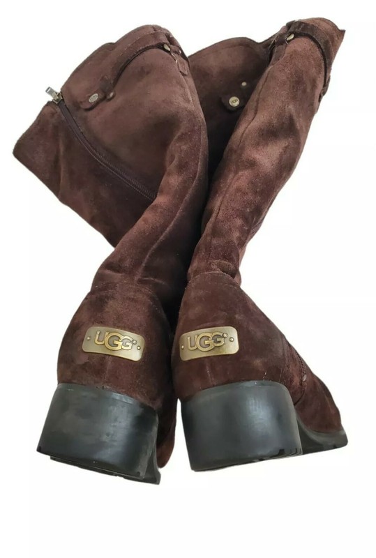 Rare Uggs Brown Suede Sheepskin Boot Women 9.5M Lug Sole Full Zip Logo Plaque