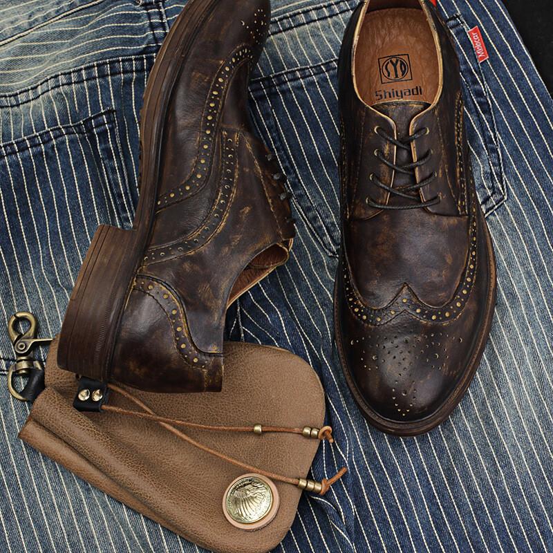 Retro British Men Lace Up Real Leather Carved Brogue Wing Tip Formal Dress Shoes