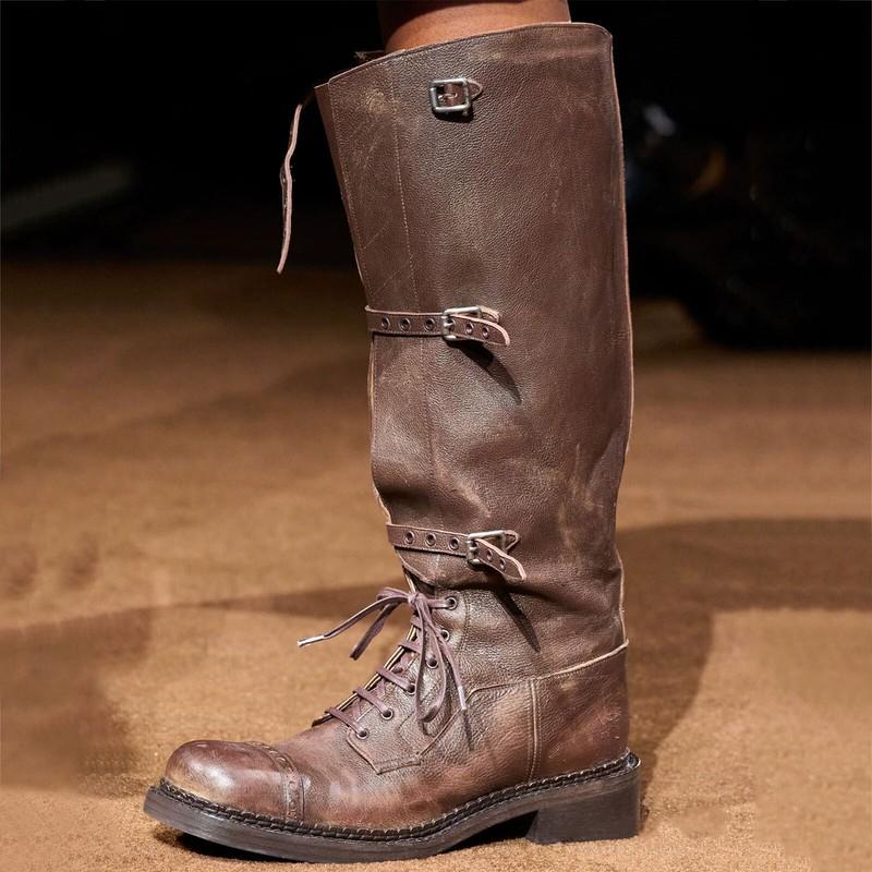 Retro Style Womens Knee High Boots Knight Lace Up Western Buckle Motorcycle Size