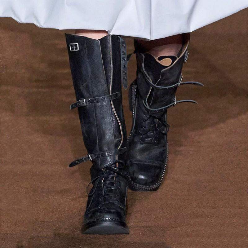 Retro Style Womens Knee High Boots Knight Lace Up Western Buckle Motorcycle Size