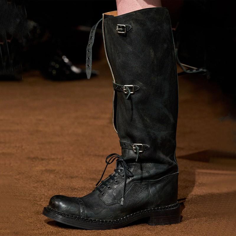 Retro Style Womens Knee High Boots Knight Lace Up Western Buckle Motorcycle Size